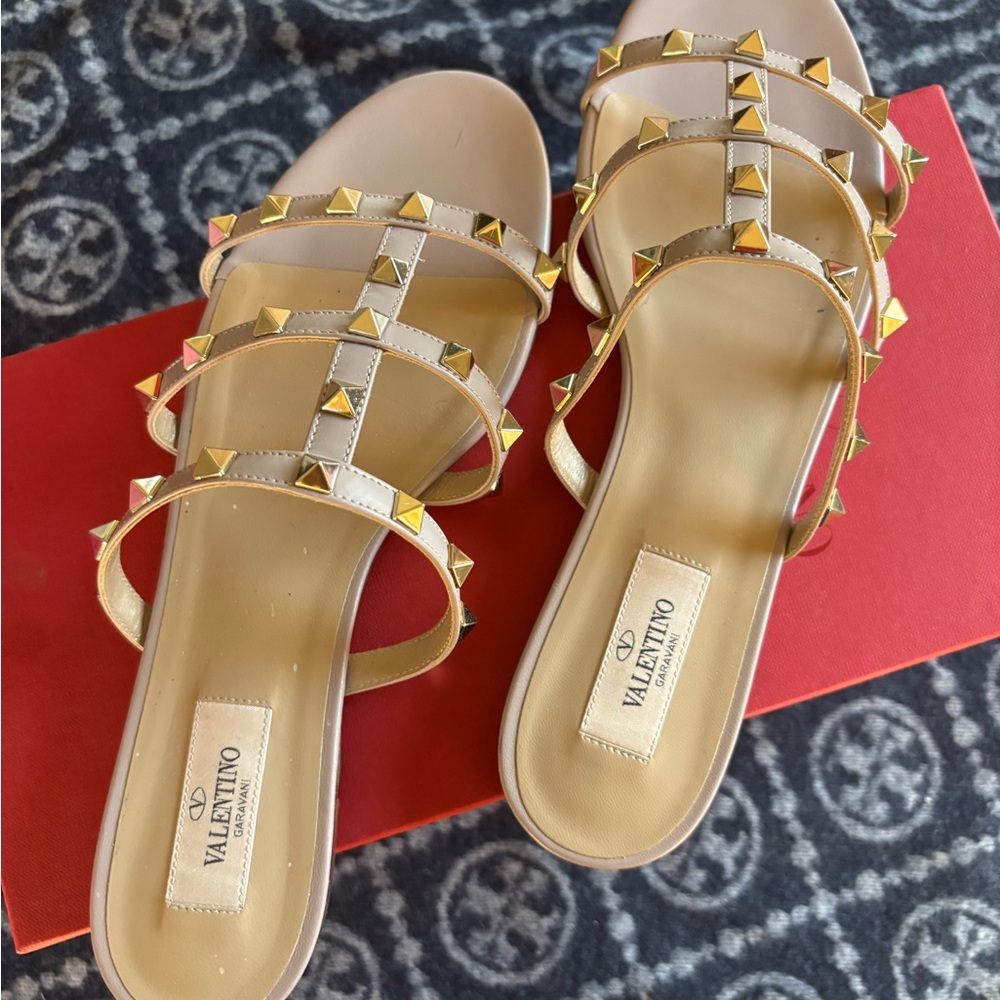 Valentino Beige and Gold Studded Sandals